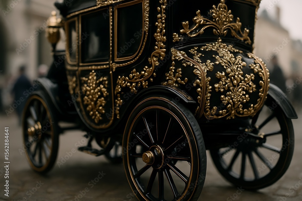 Naklejka premium Close Up of Ornate Black and Gold Carriage with Floral Detailing