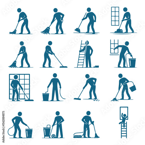 Blue Cleaner Icons Cleaning Sweeping Mopping Window Washing