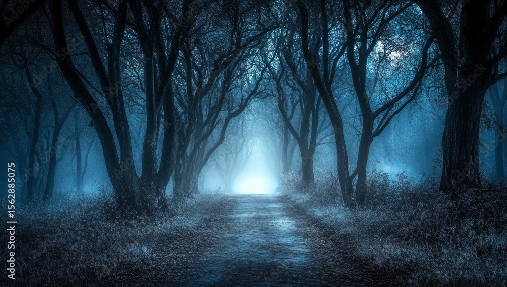 Obraz premium Mystical Moonlight Path Through Foggy Forest