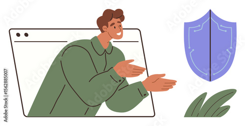 Man emerging from browser window gesturing toward shield suggesting data security. Ideal for cybersecurity, protection, technology, online privacy, safety, trust, and support concepts. Simple flat