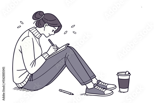 Sketching Serenity: A moment of creative calm as a young artist sits cross-legged, engrossed in her sketchbook with a pen in hand.