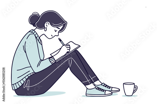 Creative Pursuit: A young woman, engrossed in thought, sits comfortably, pen in hand, sketching in a notebook beside a mug of coffee, embodying creativity and introspection.