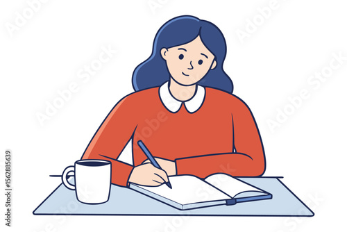 The Writer's World: A moment of focused concentration as a woman leans over a notebook with pen in hand, sketching or writing with a cup of coffee.