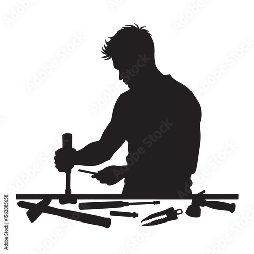 Black Silhouette Vector of Person Assembling Furniture with Tools in Home Improvement Scene on White Background Full HD