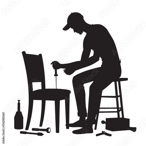 Black Silhouette Vector of Person Assembling Furniture with Tools in Home Improvement Scene on White Background Full HD