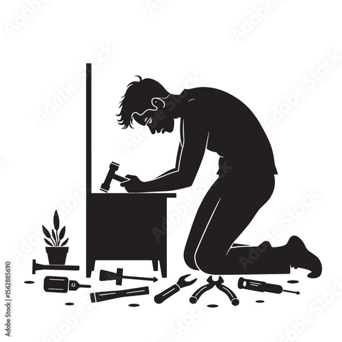 Black Silhouette Vector of Person Assembling Furniture with Tools in Home Improvement Scene on White Background Full HD