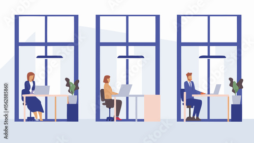Three people working on laptops in individual office spaces with large windows and plants inside the rooms