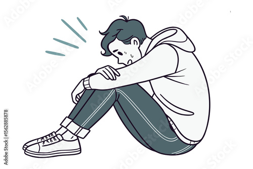 Melancholy Solitude: A contemplative figure, rendered in a minimalist artistic style, sits hunched, encapsulating feelings of introspection and quiet sorrow.