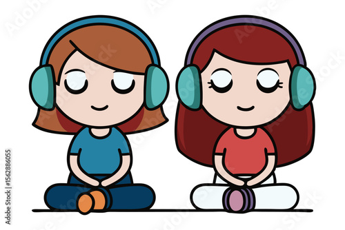 Meditation Harmony: Two women, absorbed in serene meditation, find peace and tranquility through focused mindfulness, depicted in an artful illustrative style.