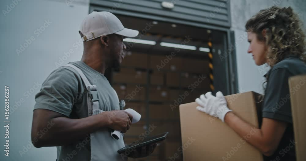 Diverse Employees Carrying Cardboard Boxes to Logistics Warehouse. African American Coordinator Scanning Parcels with Barcode Scanner, Using Digital Tablet. Online Orders, Delivery, E-Commerce Goods. Diverse Employees Carrying Cardboard Boxes to Logistics Warehouse. African American Coordinator Scanning Parcels with Barcode Scanner, Using Digital Tablet. Online Orders, Delivery, E-Commerce Goods.
