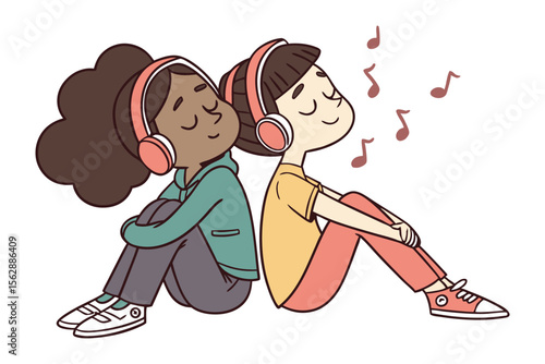 Melodic Companionship: Two friends revel in the joy of shared musical experience, connecting through rhythm, harmony and melodic expression in a vibrant cartoon illustration.