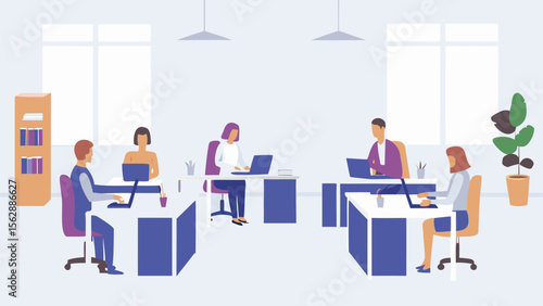Illustration of a modern office space with employees working at desks and natural light from windows showing