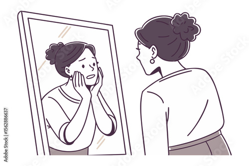 Self-Reflection: A woman gazes into a mirror, confronting her reflection with an expression of contemplation, embodying introspective self-awareness. 