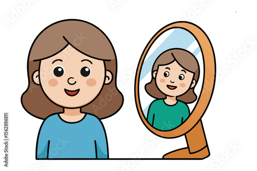 Self-Reflection: A cheerful illustration of a young girl gazes at her reflection in a mirror, embodying the essence of self-discovery and confidence.