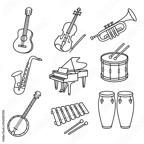 Set of musical instruments in clean hand-drawn black line style, including guitar, piano, drum, and more.