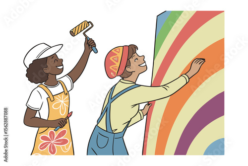 Colorful Creation: Two young artists bring a vivid, rainbow mural to life with paint rollers and careful strokes, their collaborative efforts adding a vibrant touch to the scene.