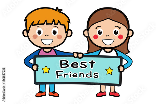 Heartfelt Bonds: A cheerful pair of young friends stands side-by-side, proudly displaying a sign that proclaims their special friendship, capturing the essence of a lasting connection.