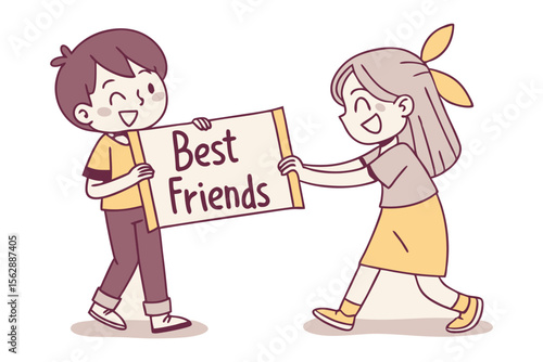 Best Friends Forever: Two happy children, a boy and a girl, joyfully hold up a sign reading "Best Friends," symbolizing the pure and innocent bond of friendship.