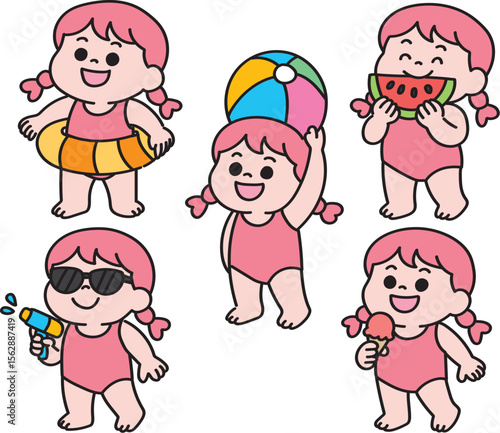 Cute Child Summer Activities Character Set with Beach and Pool Fun