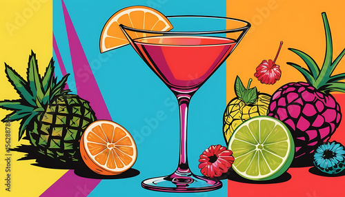 Vibrant Cocktail Still Life: Bold Colors, Exotic Fruits, Graphic Style.