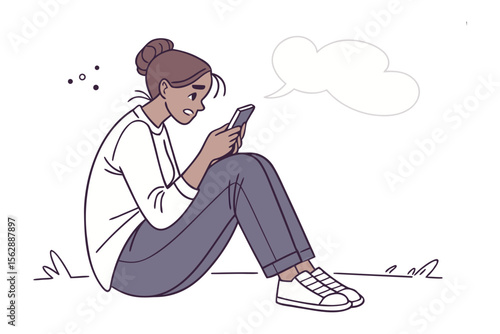 Smartphone Dilemma: A woman is engrossed in her smartphone, revealing her mixed expressions and thoughts through the speech bubble. A glimpse into modern connection and digital world