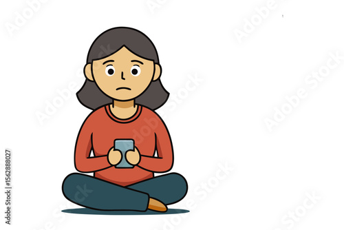 Smartphone Anxiety: A woman sits with a worried expression, engrossed in her smartphone, conveying a sense of modern unease and information overload.