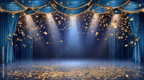 Stage with blue curtains and golden confetti falling down creating a vibrant atmosphere for celebrations and performances