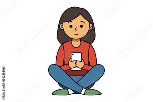 Woman and Phone: A young woman with a subtle expression sits cross-legged, engrossed in her smartphone, conveying a mood of contemplative engagement.
