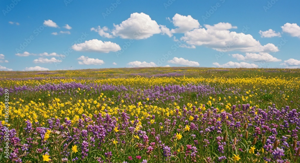 爽やか青空下、黄色紫花野原輝く風景写真 爽やか青空下、黄色紫花野原輝く風景写真