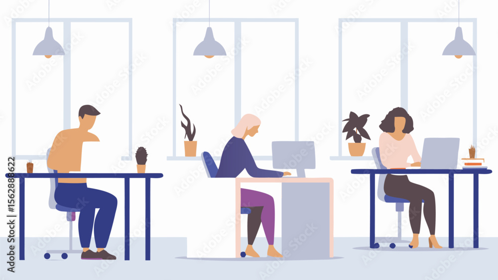Office scene depicting three people working at desks with computers and plants in a bright room Office scene depicting three people working at desks with computers and plants in a bright room