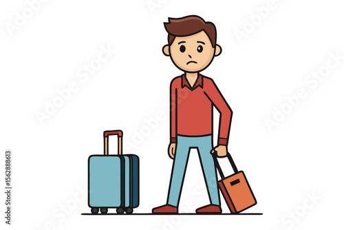 Waiting Traveler: A young traveler, bags at his feet, stands at a crossroad. Capturing a moment of anticipation and uncertainty during a travel.