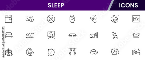 Sleep line icon collection. Morning, bed, pillow, sleepy, day dreaming, night, blanket, and deep sleep icon set. UI outline icon pack