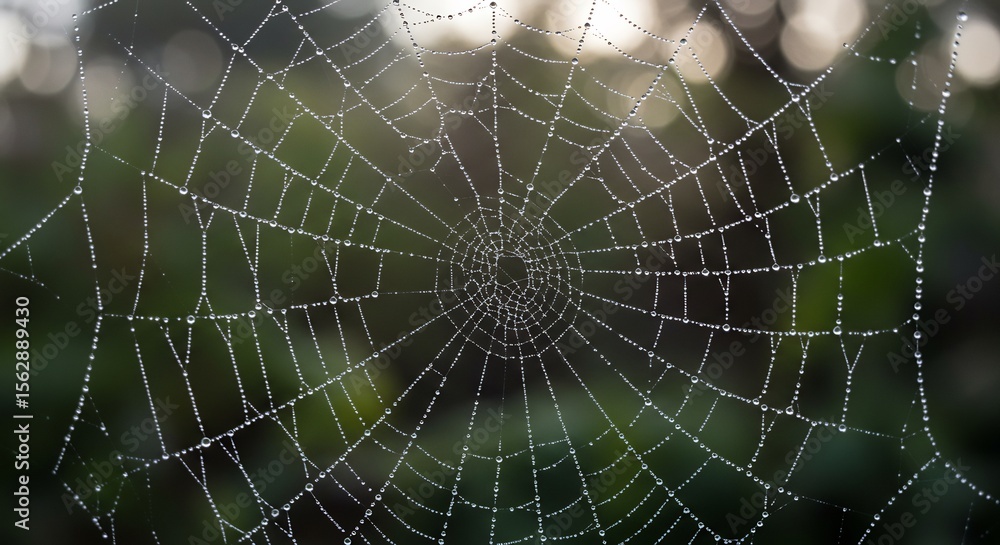 Fototapeta premium 朝露輝く繊細な蜘蛛の巣 神秘的自然美