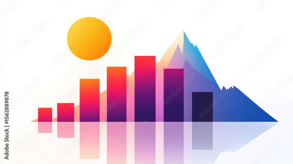 Fototapeta premium Abstract Mountainous Growth Chart: Sunlit Peaks and Rising Bars Reflecting Success and Challenges