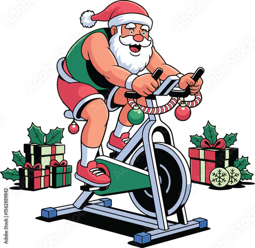 Santa Claus Riding A Spin Bike In Festive Holiday Gym