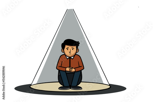 Emotions Under the Spotlight: A lone person sits pensively, his gaze downward, illuminated by a dramatic spotlight. The illustration conveys a feeling of solitude and introspective