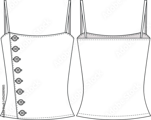 sleeveless strappy strapped spaghetti straps square neck buttoned fit bodycon elastic blouse top template technical drawing flat sketch cad mockup fashion woman design style model 
