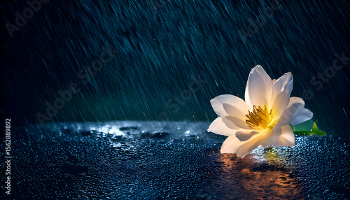 A serene water lily rests on a wet surface, illuminated amidst falling rain.