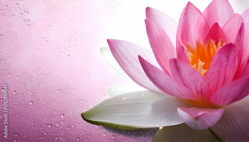 A serene pink lotus flower against a soft gradient background with water droplets.