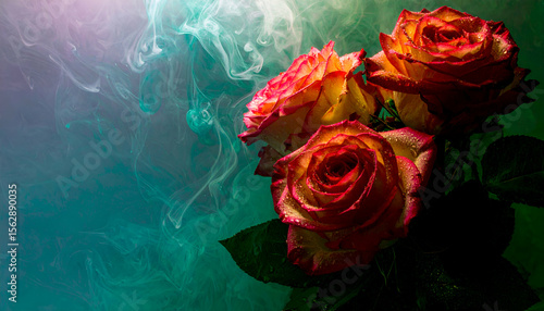 A vibrant arrangement of roses surrounded by ethereal smoke.