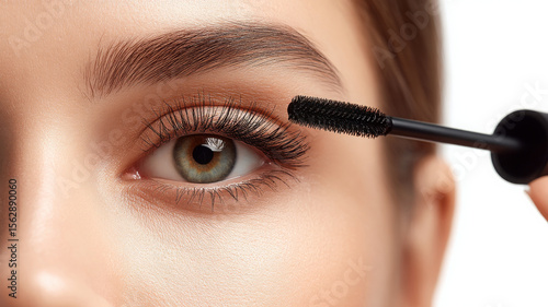 Close up of eye with mascara wand applying makeup, showcasing beauty and elegance