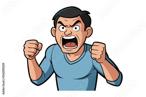 Angry Expression Illustration: An illustration of a man expressing extreme anger through facial expressions. Capturing a raw moment of emotion with clenched fists and a determined expression.