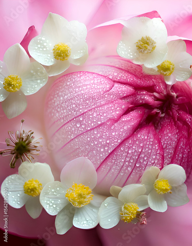A close-up of a pink lotus flower adorned with delicate white petals and droplets.