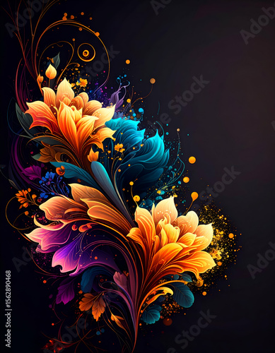 Vibrant floral design with intricate patterns and bright colors on a dark background.