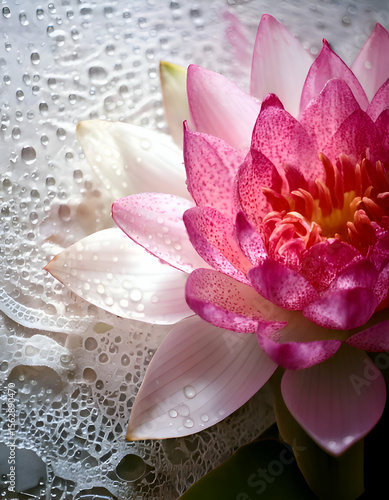 A close-up of a pink water lily with droplets on its petals and a soft background.