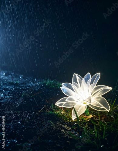 A glowing lotus flower illuminated in the rain, enhancing a serene outdoor atmosphere.