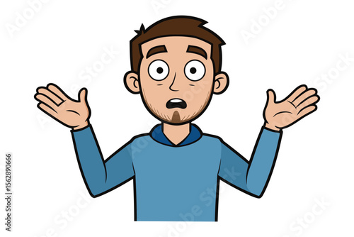Expressing Confusion: A cartoon man, his arms outstretched, embodies bewilderment. His expressive eyes and open palms speak volumes about uncertainty and perplexity.