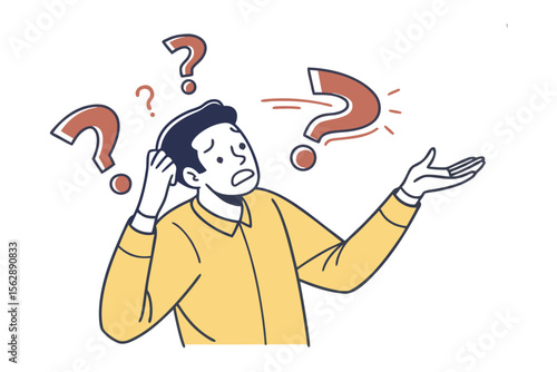 Dilemma and Uncertainty: A person is in a state of confusion, surrounded by the visual symbolism of questions marks, which reflect contemplation of unknown matters and a critical life choices.