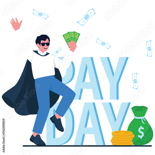 Celebrate Payday Sale Illustration. Vector illustration of Excited man celebrating payday while holding money and dancing joyfully among flying cash. Isolated on background