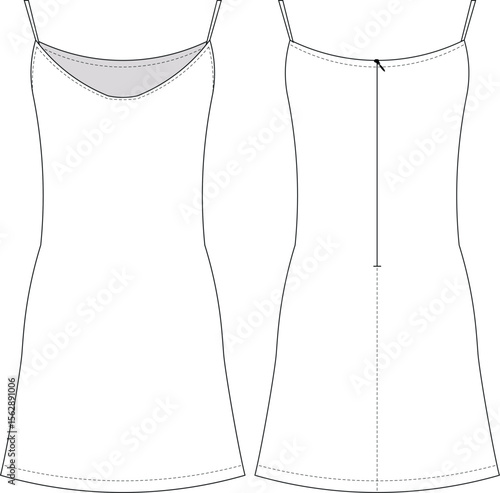 u scoop neck sleeveless strappy strapped spaghetti straps zippered mini short straight a line dress template technical drawing flat sketch cad mockup fashion woman design style model 
